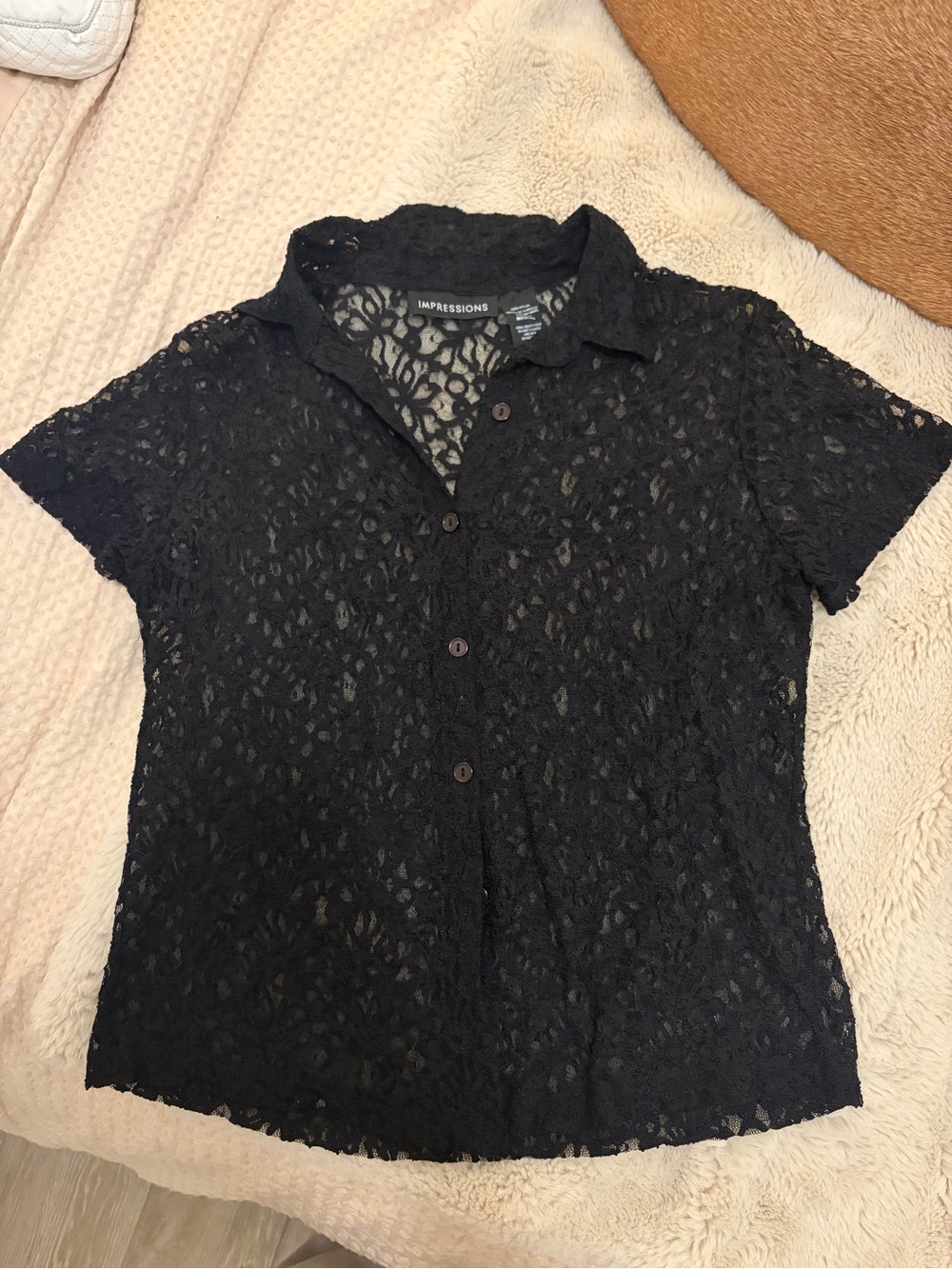 Impressions Black Lace Short-Sleeve Button Front Top